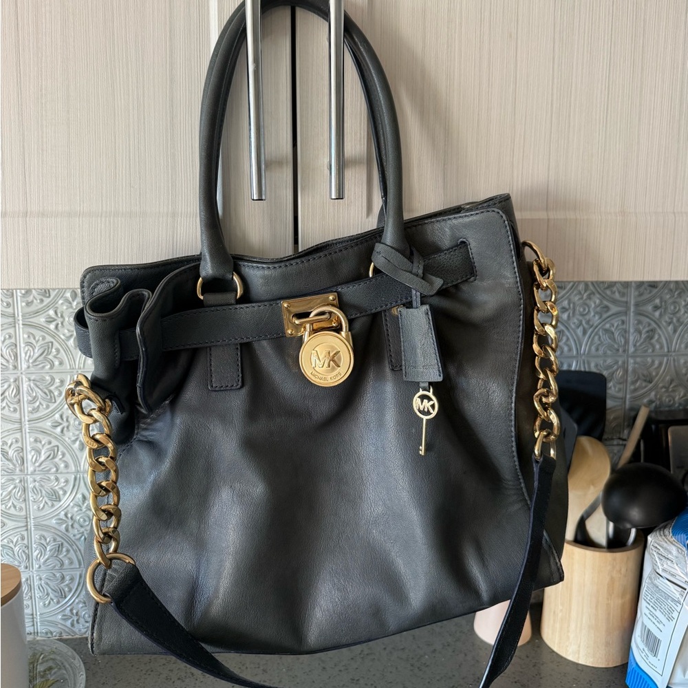 Michael Kors Black Leather Shoulder Bag with Gold Accents